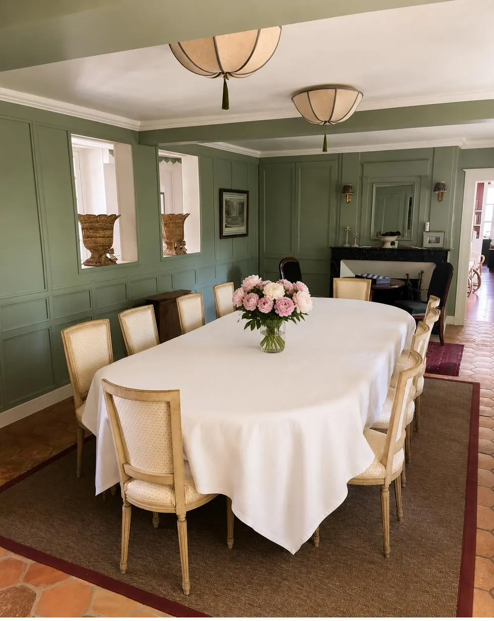 Salle à manger · boiseries vert sauge · pivoines